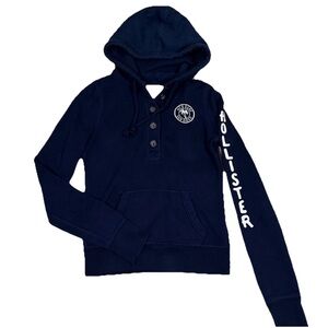 Vintage Hollister Henley Hooded Pullover Hoodie Navy Blue Womens XS Retro Y2K